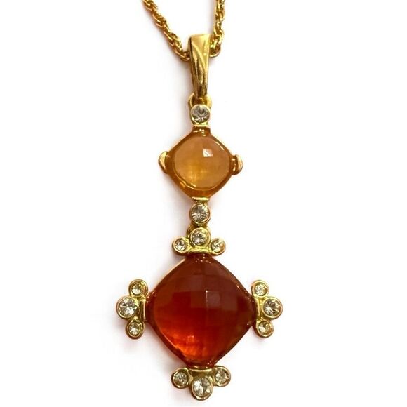 ORANGE & AMBER GEM DROP NECKLACE – GOLD ROPE CHAIN – 19” – FOR WOMEN - Picture 1 of 17
